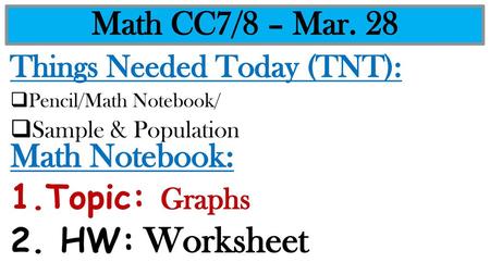 Math CC7/8 – Mar. 28 Math Notebook: Topic: Graphs HW: Worksheet