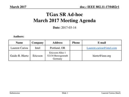 TGax SR Ad-hoc March 2017 Meeting Agenda