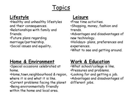 Topics Lifestyle LLeisure Home & Environment Work & Education