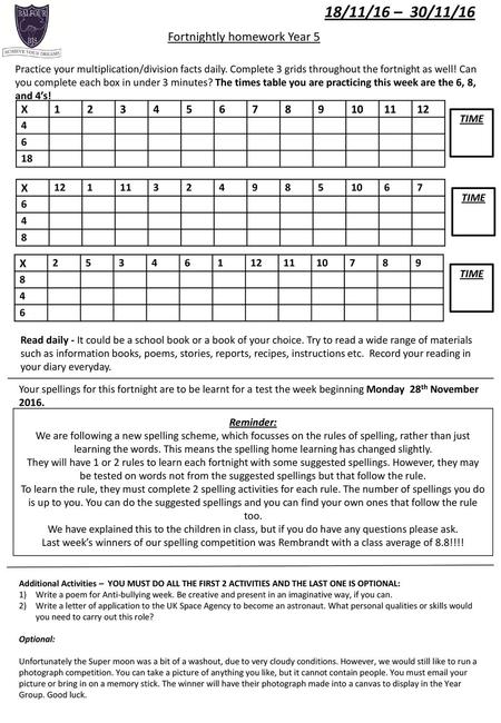 18/11/16 – 30/11/16 Fortnightly homework Year 5 X