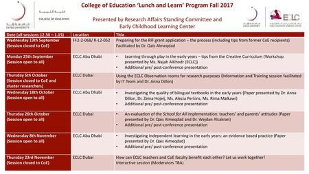 College of Education ‘Lunch and Learn’ Program Fall 2017