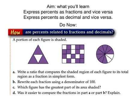 Aim: what you’ll learn Express percents as fractions and vice versa Express percents as decimal and vice versa. Do Now: