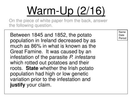 Warm-Up (2/16) On the piece of white paper from the back, answer the following question. Name Date Period Between 1845 and 1852, the potato population.