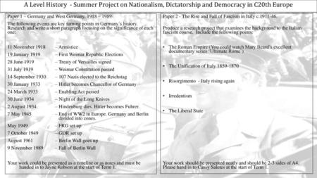 A Level History - Summer Project on Nationalism, Dictatorship and Democracy in C20th Europe Paper 1 – Germany and West Germany, 1918 – 1989 The following.