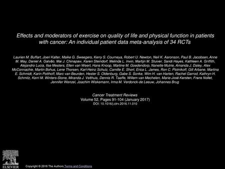 Effects and moderators of exercise on quality of life and physical function in patients with cancer: An individual patient data meta-analysis of 34 RCTs 