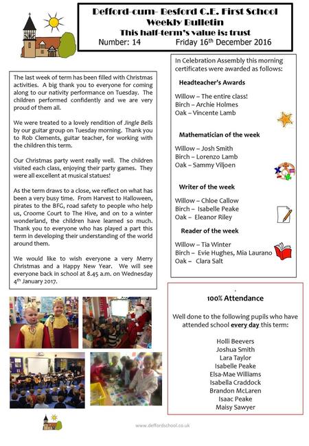 Defford-cum- Besford C.E. First School Weekly Bulletin