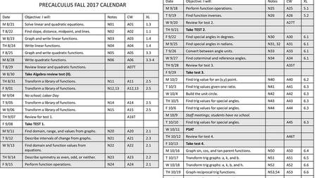 PRECALCULUS FALL 2017 CALENDAR