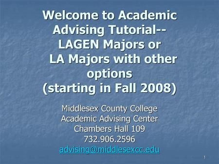 Welcome to Academic Advising Tutorial-- LAGEN Majors or LA Majors with other options (starting in Fall 2008) Middlesex County College Academic Advising.