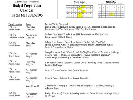 Budget Preparation Calendar