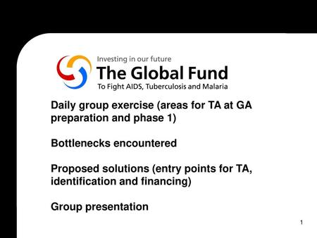 Daily group exercise (areas for TA at GA preparation and phase 1) Bottlenecks encountered Proposed solutions (entry points for TA, identification and.