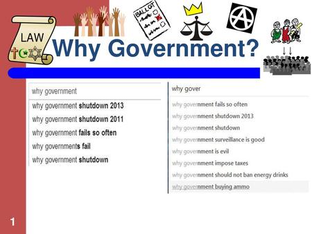 Why Government? Step back a bit from the usally practical discussions of the workings of government. Why do we even have it? Could we not? Do anarchist.