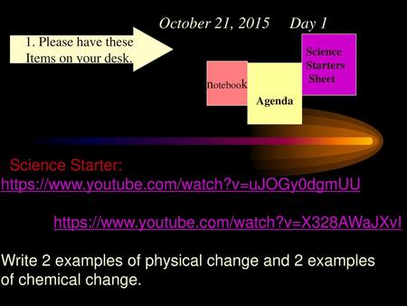 Write 2 examples of physical change and 2 examples of chemical change.