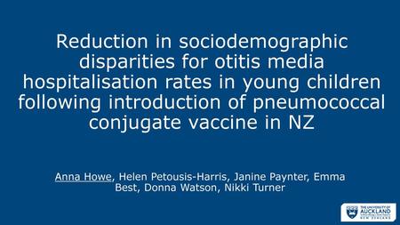 Reduction in sociodemographic disparities for otitis media hospitalisation rates in young children following introduction of pneumococcal conjugate vaccine.