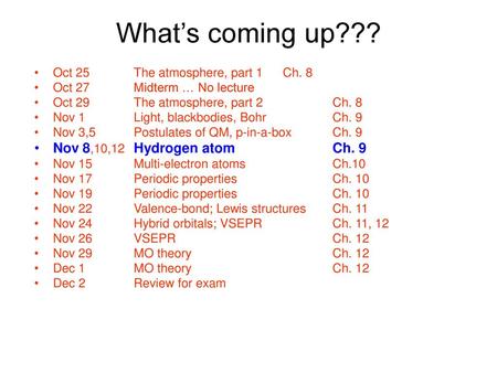 What’s coming up??? Nov 8,10,12 Hydrogen atom Ch. 9