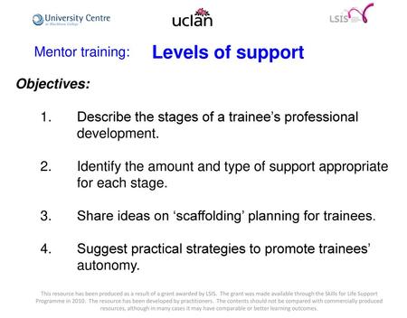 Levels of support Mentor training: Objectives: