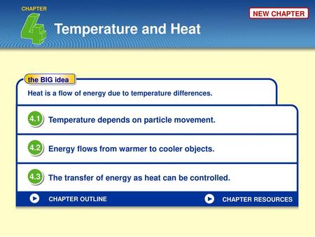 Temperature and Heat 4.1 Temperature depends on particle movement. 4.2