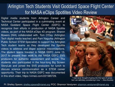 Arlington Tech Students Visit Goddard Space Flight Center for NASA eClips Spotlites Video Review Digital media students from Arlington Career and Technical.