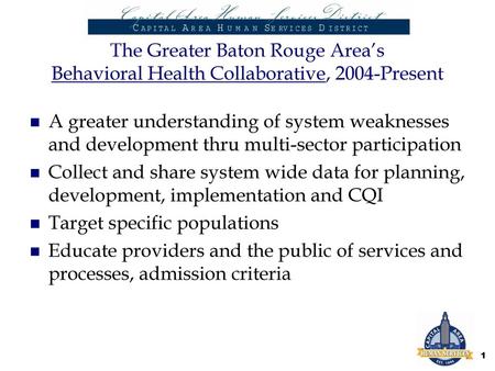 The Greater Baton Rouge Area’s Behavioral Health Collaborative, 2004-Present A greater understanding of system weaknesses and development thru multi-sector.