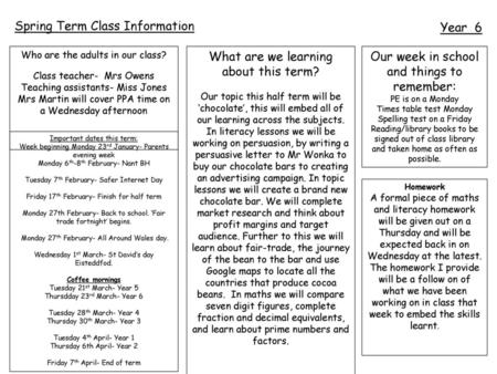 Spring Term Class Information Year 6