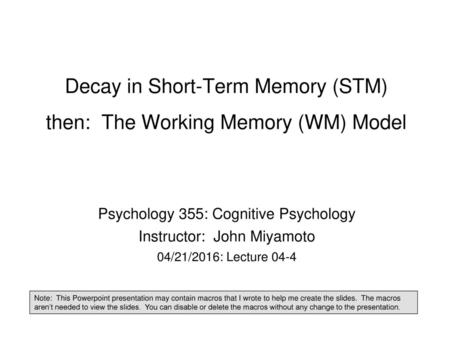 Decay in Short-Term Memory (STM) then: The Working Memory (WM) Model