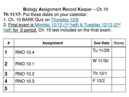 Biology Assignment Record Keeper – Ch.10