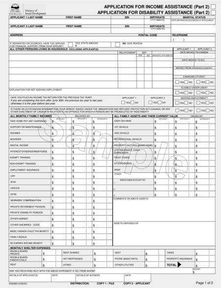 Sample APPLICATION FOR INCOME ASSISTANCE (Part 2)