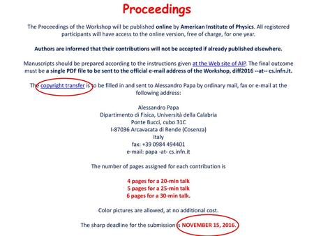 Proceedings The Proceedings of the Workshop will be published online by American Institute of Physics. All registered participants will have access to.