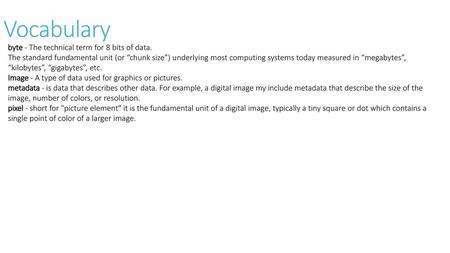 Vocabulary byte - The technical term for 8 bits of data.