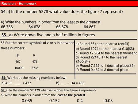 S4 a) In the number 5278 what value does the figure 7 represent?