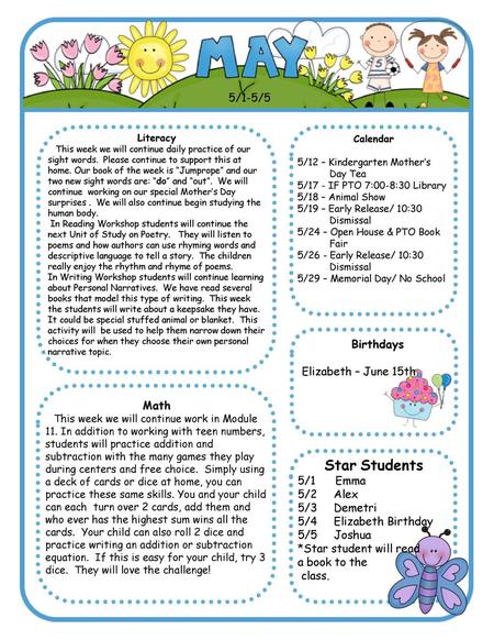 Star Students 5/1-5/5 Birthdays Elizabeth – June 15th Math 5/1 Emma