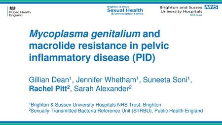 Mycoplasma genitalium and macrolide resistance in pelvic inflammatory disease (PID) Gillian Dean1, Jennifer Whetham1, Suneeta Soni1, Rachel Pitt2, Sarah.