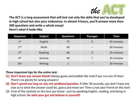 The ACT The ACT is a long assessment that will test not only the skills that you’ve developed in high school but also your endurance. In almost 4 hours,