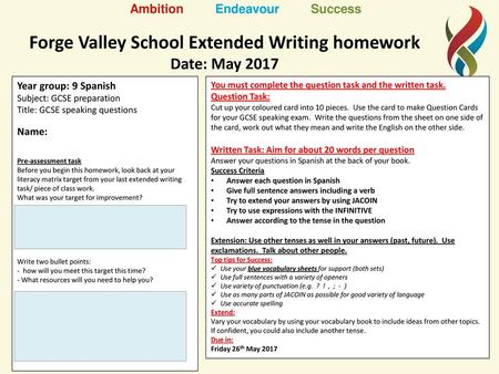 Forge Valley School Extended Writing homework