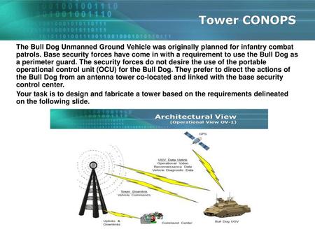 Tower CONOPS The Bull Dog Unmanned Ground Vehicle was originally planned for infantry combat patrols. Base security forces have come in with a requirement.