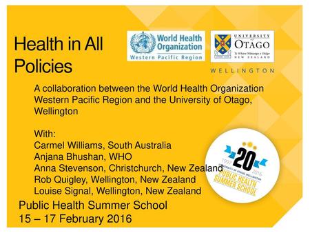 Health in All Policies A collaboration between the World Health Organization Western Pacific Region and the University of Otago, Wellington With: Carmel.