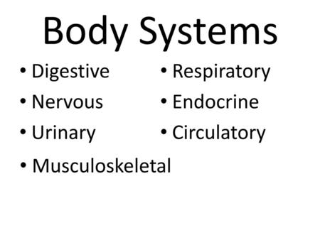 Body Systems Digestive Respiratory Nervous Endocrine Urinary