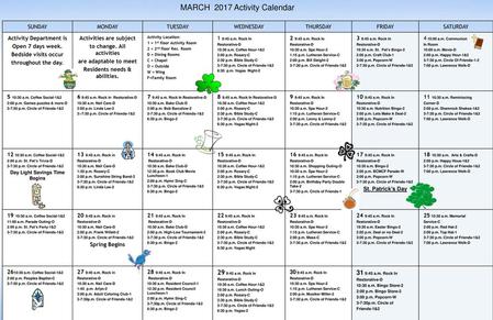 MARCH 2017 Activity Calendar