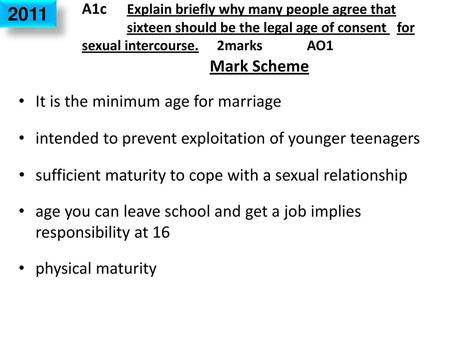 2011 Mark Scheme It is the minimum age for marriage