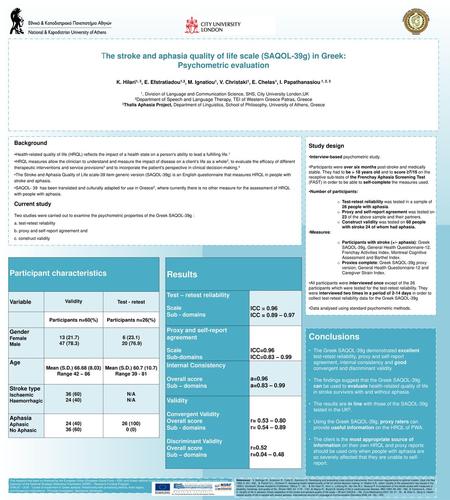 The stroke and aphasia quality of life scale (SAQOL-39g) in Greek: Psychometric evaluation K. Hilari1, 3, E. Efstratiadou1,3, M. Ignatiou1, V. Christaki1,