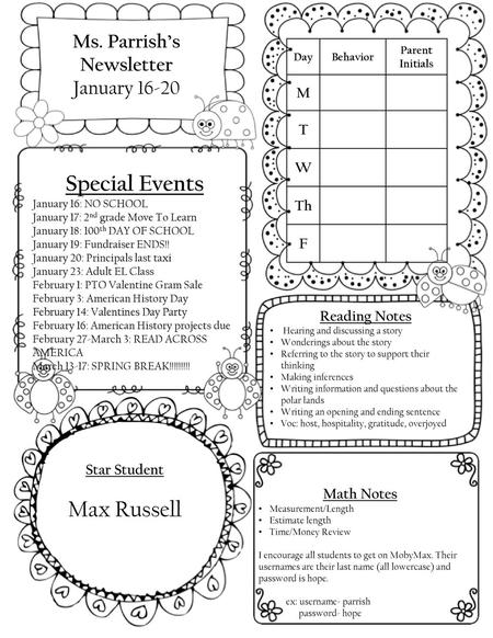 Special Events Max Russell Ms. Parrish’s Newsletter January M T