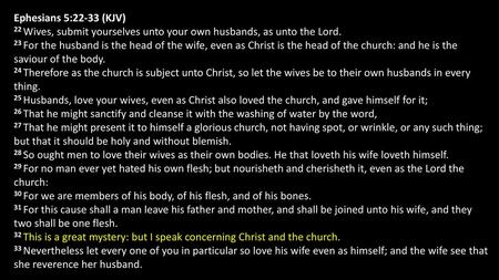 Ephesians 5:22-33 (KJV) 22 Wives, submit yourselves unto your own husbands, as unto the Lord. 23 For the husband is the head of the wife, even as Christ.