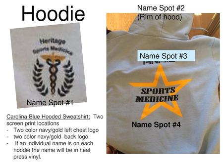 Hoodie Name Spot #2 (Rim of hood) Name Spot #3 Name Spot #1