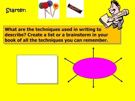 Starter: What are the techniques used in writing to describe? Create a list or a brainstorm in your book of all the techniques you can remember.