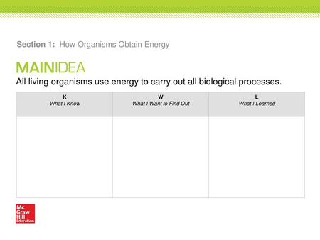 Section 1: How Organisms Obtain Energy