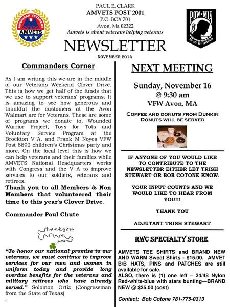 NEWSLETTER NEXT MEETING Sunday, November 9:30 am