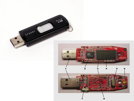 USB flash drive A flash drive consists of a small printed circuit board carrying the circuit elements and a USB connector, insulated electrically and protected.