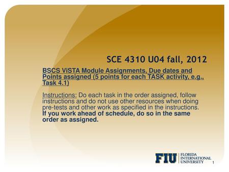 SCE 4310 U04 fall, 2012 BSCS ViSTA Module Assignments, Due dates and Points assigned (5 points for each TASK activity, e.g., Task 4.1) Instructions: