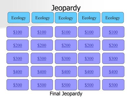 Jeopardy Final Jeopardy Ecology Ecology Ecology Ecology Ecology $100