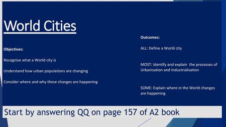 World Cities Objectives: Recognise what a World city is Understand how urban populations are changing Consider where and why these changes.