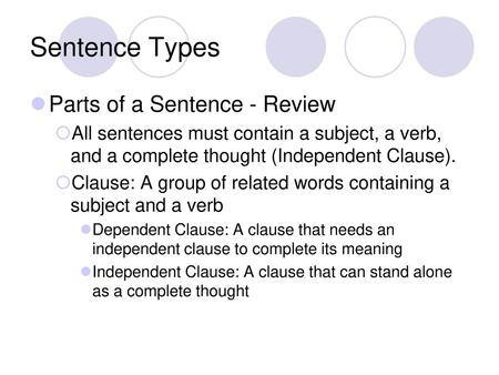 Sentence Types Parts of a Sentence - Review